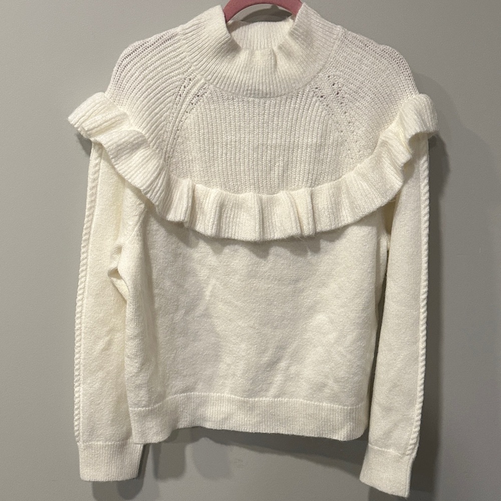 Ann Taylor Cream Ruffled Turtleneck Sweater
